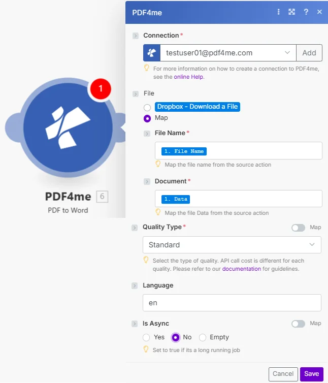 Configuración del módulo PDF a Word en Make, que muestra los campos Nombre de archivo y Documento asignados desde un módulo de descarga anterior.